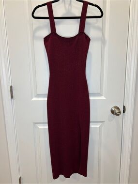 Superdown Zoe Metallic Burgundy Knit Midi Dress M REVOLVE Square Neck Split